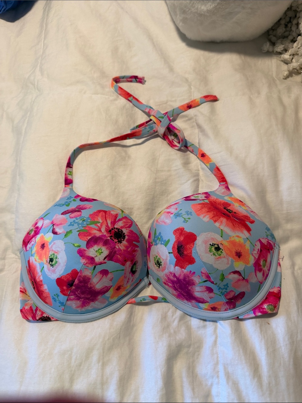 Victoria's Secret Light Blue Floral Halter Bikini Top with Multicolor Blooms